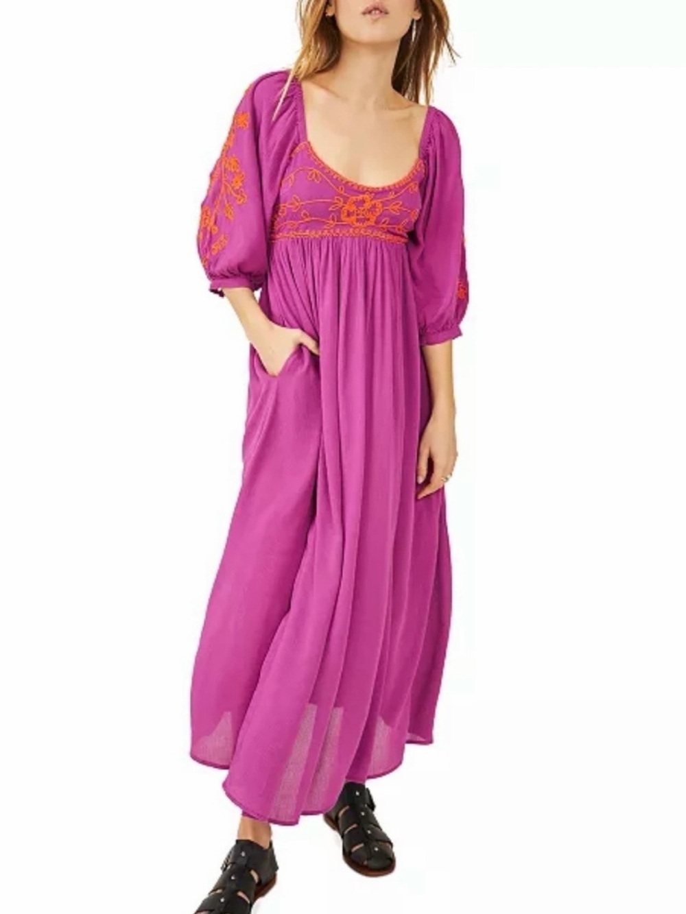 Free People, Wedgwood Maxi Dress, Orchid Pavilion w/Orange Embroidery - NWT